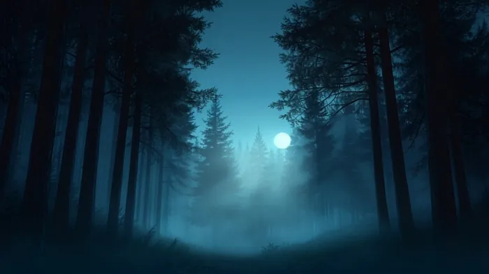 Bosque nocturno con niebla